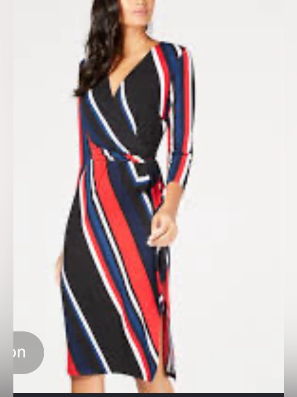 INC International Concepts Black, Red & Blue Striped Wrap Midi Dress